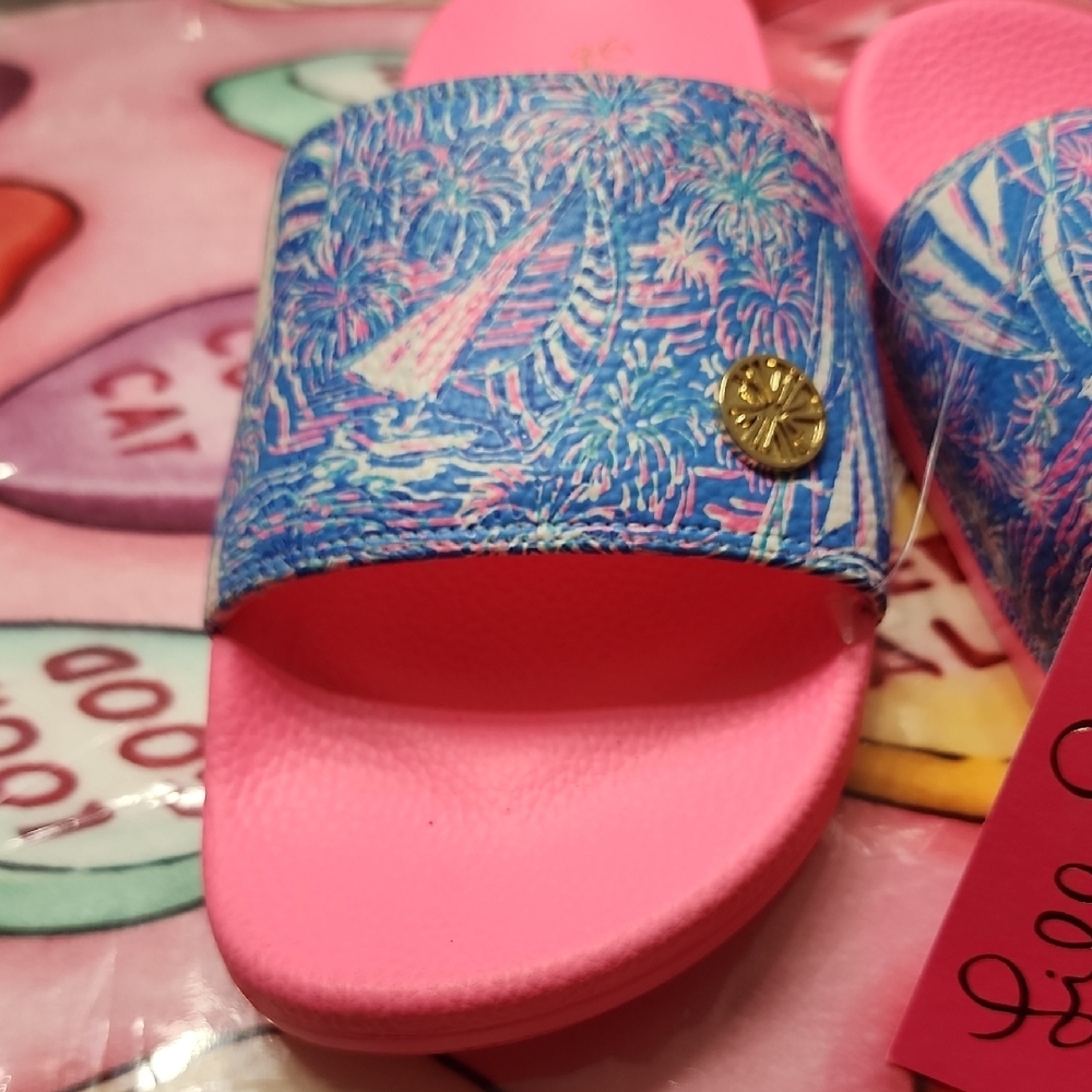 New Lilly Pulitzer Boca Blue Its A Sailabration Show Cabana Slide Sandal Size 8 - Picture 6 of 11